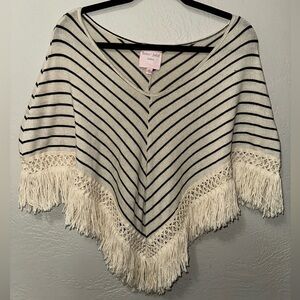 Romeo & Juliet Couture Knit Fringe Tassel Striped Pullover Poncho Sweater Top